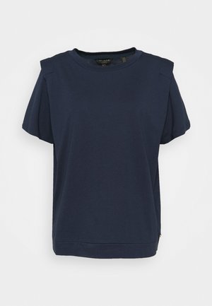 Tummansininen lyhythihainen paita, jossa on pyöreä kaula-aukko, olkalahkeet ja suora helma. Valmistettu pehmeästä kankaasta, jossa on sileä pinta.