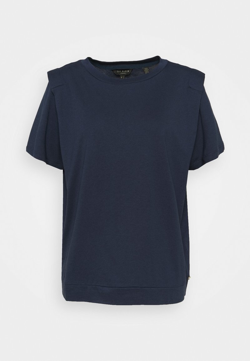 Haut bleu marine à manches courtes avec un col rond, des plis aux épaules et un ourlet droit. Fabriqué en tissu doux avec une texture lisse.