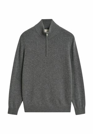 Maglione grigio con zip e collo a coste, realizzato in un tessuto morbido, che presenta un design pulito e semplice.