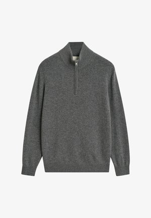 Maglione grigio con zip e collo a coste, realizzato in un tessuto morbido, che presenta un design pulito e semplice.