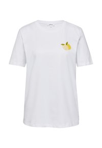 T-shirt en coton blanc avec une broderie douce de citron et de feuilles sur la poitrine gauche. Manches courtes, col rond et coupe décontractée.
