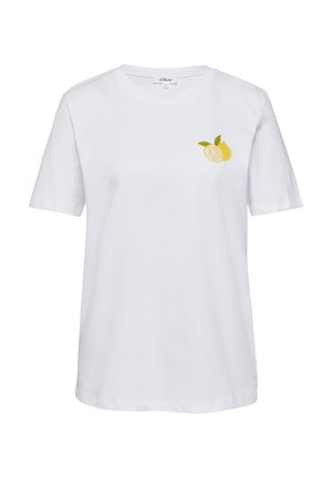 T-shirt en coton blanc avec une broderie douce de citron et de feuilles sur la poitrine gauche. Manches courtes, col rond et coupe décontractée.
