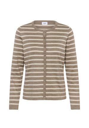 Cardigan beige con strisce orizzontali marroni, maniche lunghe, colletto rotondo e chiusura frontale con bottoni a tutta lunghezza. Materiale a maglia morbida, design classico.