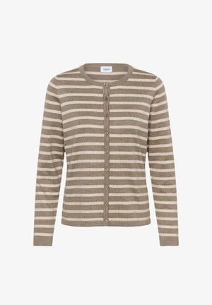 Beige cardigan met horizontale bruine strepen, lange mouwen, ronde kraag en volledige knoopsluiting aan de voorkant. Zachte breimateriaal, klassiek ontwerp.