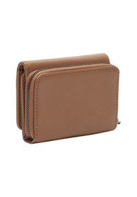 Kompakte braune Lederbörse mit einem Reißverschlussfach und gestickten Kanten, auf einem weißen Hintergrund präsentiert.