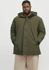 Olive green insulated jacket with a hood, zip closure, front pockets, and a smooth texture, designed for warmth and comfort.