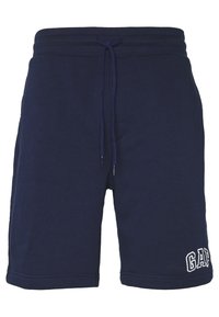 Námořnické modré kraťasy z bavlněné směsi s elastickým pasem na šnůrku, bočními kapsami a bílým vyšívaným textem "GAP" na levé nohavici.