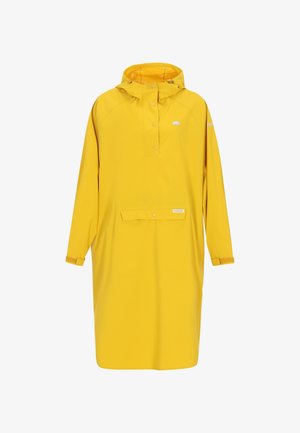 Geel regenponcho met capuchon, drukknoopsluiting, borstzak en elastische manchetten. Glad oppervlak, lichtgewicht en waterdicht materiaal.