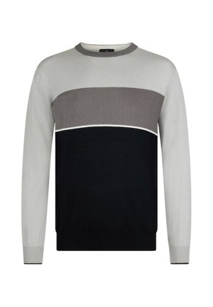 Trui met een ronde hals, lange mouwen en horizontale kleurvlakken in lichtgrijs, donkergrijs en zwart met een subtiele textuur.