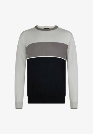 Trui met een ronde hals, lange mouwen en horizontale kleurvlakken in lichtgrijs, donkergrijs en zwart met een subtiele textuur.