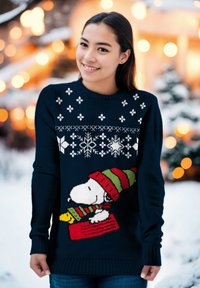 Maglione blu navy con design a maglia che raffigura Snoopy con un cappello a righe. Decorato con fiocchi di neve bianchi e motivi geometrici.