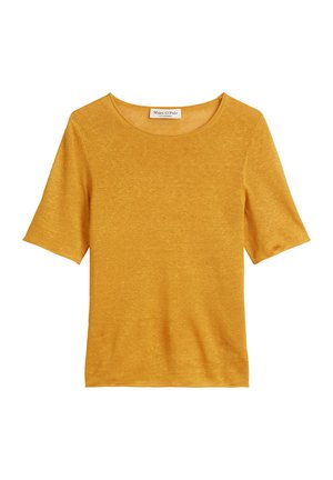 Mustard yellow short-sleeve t-shirt made of soft fabric with a round neckline and a relaxed fit. No patterns or accents present.