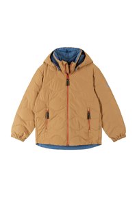 Giacca marrone puffy con fodera blu, dotata di zip frontale, due tasche laterali e polsini elasticizzati. Tessuto testurizzato con motivo trapuntato.