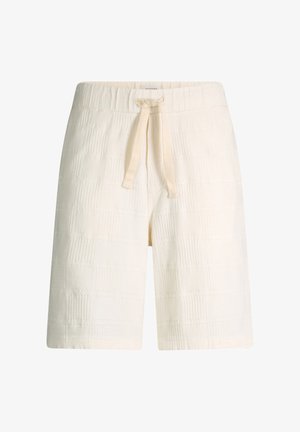 Shorts en maille couleur crème avec une taille élastique et un cordon de serrage, avec un motif à carreaux texturé subtil.