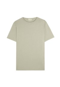 Světle šedé tričko s krátkým rukávem, vyrobené z měkké bavlny s kulatým výstřihem. Hladká textura, minimalistický design, žádné vzory ani grafika.