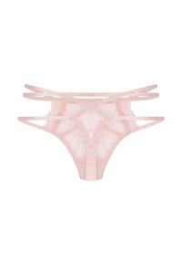 Lingerie in lichtroze doorschijnende stof met hartjespatronen, voorzien van meerdere kanten randen en een gladde textuur.