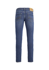 Jean en denim bleu foncé à coupe droite, avec deux poches arrière et des coutures contrastantes jaunes. Étiquette de la marque sur la ceinture.