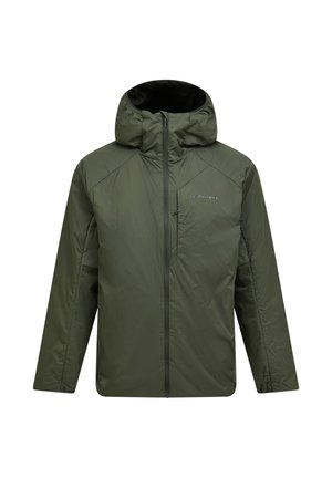Green hooded insulated jacket with full front zipper and zippered chest pocket, designed for cold weather.