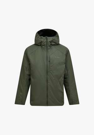 Green hooded insulated jacket with full front zipper and zippered chest pocket, designed for cold weather.