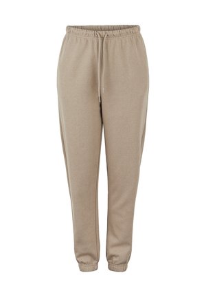 Pantaloni de sudură bej, cu talie elastică, închidere cu șnur, buzunare laterale și mansete ribbrate la glezne. Material moale, texturat.