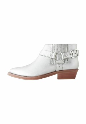 Silver ankle boot with a pointed toe, featuring a buckle accent and textured details on the sides. Low wooden heel, smooth leather finish.