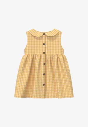 Ärmelloses gelb-weiß kariertes Kleid mit rundem Kragen und vorderer Knopfleiste, an der Taille gerafft für einen ausgestellten Rock.