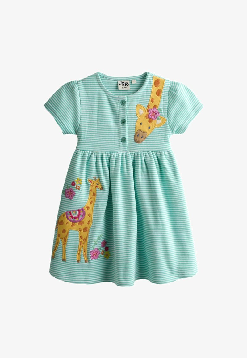 Heleroheline triibulise kujundusega lühikeste varrukatega kleit, millel on kaelkirjaku motiiv lilledega. Kaeluse ääres nööpidega kinnitamine.