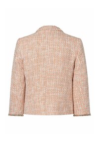 Veste en tweed texturé orange et crème avec manches trois-quarts, col proéminent et détail à franges aux poignets. Vue arrière présentée.