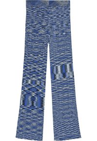 Blauwe gebreide broek met een patroon, gekenmerkt door een gestructureerd ontwerp met variërende tinten blauw, zwart en grijs, en een uitlopende pijp.