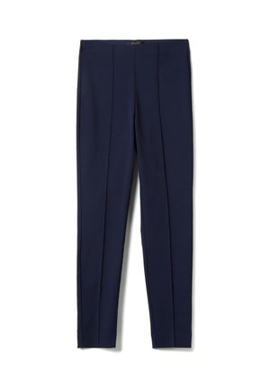 Pantalones azul marino de corte ajustado con pinzas delanteras, cintura de tiro medio y dobladillo a la altura del tobillo.