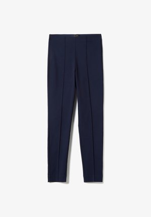 Pantalones azul marino de corte ajustado con pinzas delanteras, cintura de tiro medio y dobladillo a la altura del tobillo.