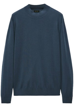 Granatowy, długi sweter z okrągłym dekoltem i długimi rękawami, ze ściągaczami na mankietach i u dołu, prezentowany na białym tle.