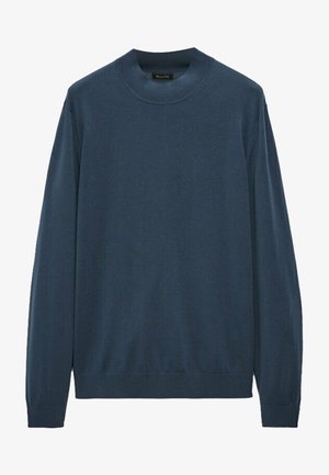 Mørkeblå langærmet crewneck-trøje med ribstrikkede manchetter og kant, vist på hvid baggrund.