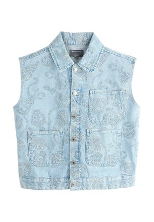 Hellblaue ärmellose Jeansweste mit bestickten Muschelmustern, Knopfleiste vorne, drei Fronttaschen und spitzem Kragen.