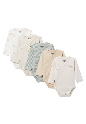 Cinq bodies bébé à manches longues dans des couleurs pastel douces avec des fermetures pression latérales et de petits imprimés animaux, disposés en rangée décalée.