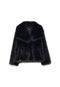 Black faux fur jacket with a wide, fur-trimmed collar and a slightly boxy cut. The texture is soft and fluffy, featuring a clean, simple design.