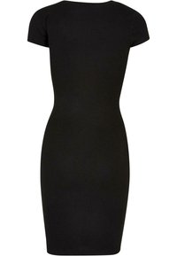 Robe noire ajustée à manches courtes, longueur genou, avec un col rond et une texture de tissu lisse, vue de dos.