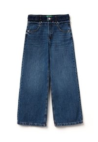 Jeans de mezclilla azul de pernera ancha con una cintura de media altura, cinco bolsillos, costuras en contraste y un botón de cierre en la parte frontal.