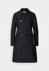 Manteau noir en trench-coat avec un design croisé, de gros boutons, une ceinture à la taille et des épaulettes. Tissu lisse avec une silhouette classique.