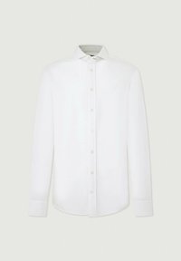 Chemise blanche à manches longues avec fermeture boutonnée à l’avant et col pointu, affichée sur un fond clair uni.
