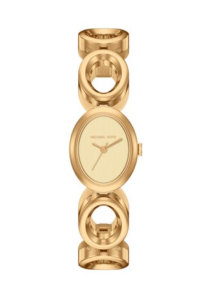 Michael Kors damespolshorloge in goudkleur met ovale wijzerplaat, minimalistische wijzerplaat en groot ontwerp van een circulaire schakels armband.