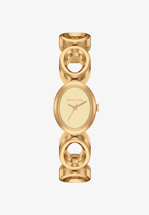 Goldfarbene Michael Kors Damenuhr mit ovalem Zifferblatt, minimalistischem Zifferblatt und großem Gliederarmband mit rundem Design.