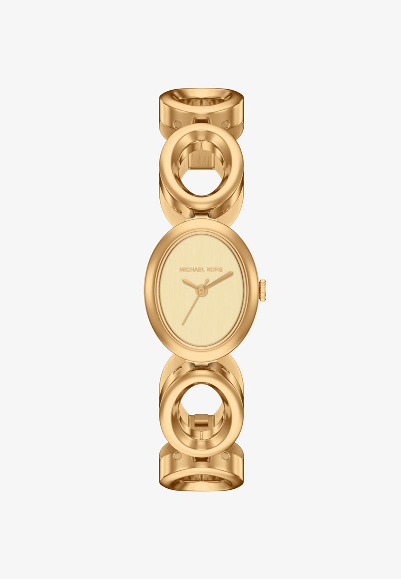 Montre bracelet pour femme Michael Kors ton doré avec cadran ovale, cadran minimaliste et large bracelet à maillons circulaires.