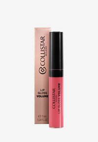 Collistar Lip Gloss Volume i en transparent cylindrisk beholder med en sort h�ætte. Æsken er metallic rosa med fede sorte bogstaver. 7 ml størrelse.