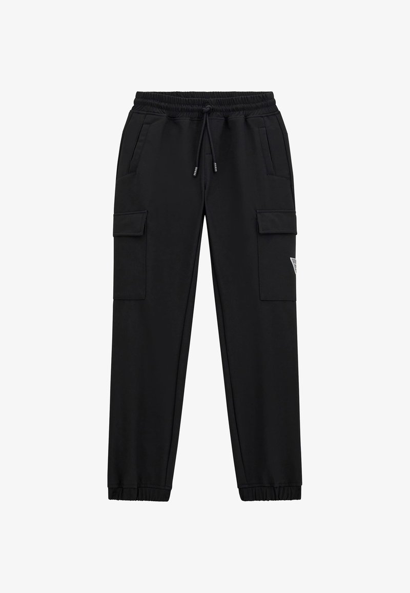 Svart cargo-bukser med elastisk midje, to sidelommer og to store cargo-lommer. Har en liten logodetalj på benet.