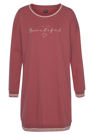 Rotes Sweatshirtkleid mit langen Ärmeln und geripptem Kragen- und Ärmelabschluss. Auf der Vorderseite steht der Text "DU bist schön" mit einer Herzgrafik. Aus weichem Baumwollmaterial.