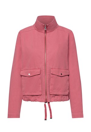 Giacca rosa con collo alto, cerniera frontale, due grandi tasche con patta e bottoni a pressione, e coulisse regolabili all'orlo.