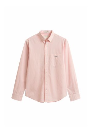 Chemise pour homme à manches longues de couleur rose clair, avec col, poche poitrine et petit logo brodé.