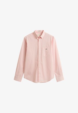 Chemise pour homme à manches longues de couleur rose clair, avec col, poche poitrine et petit logo brodé.
