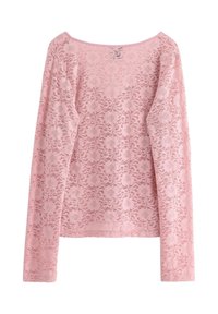 Långärmad rosa blus i spets med blommönster och bred båtringning, genomskinligt tyg och figurnära passform.